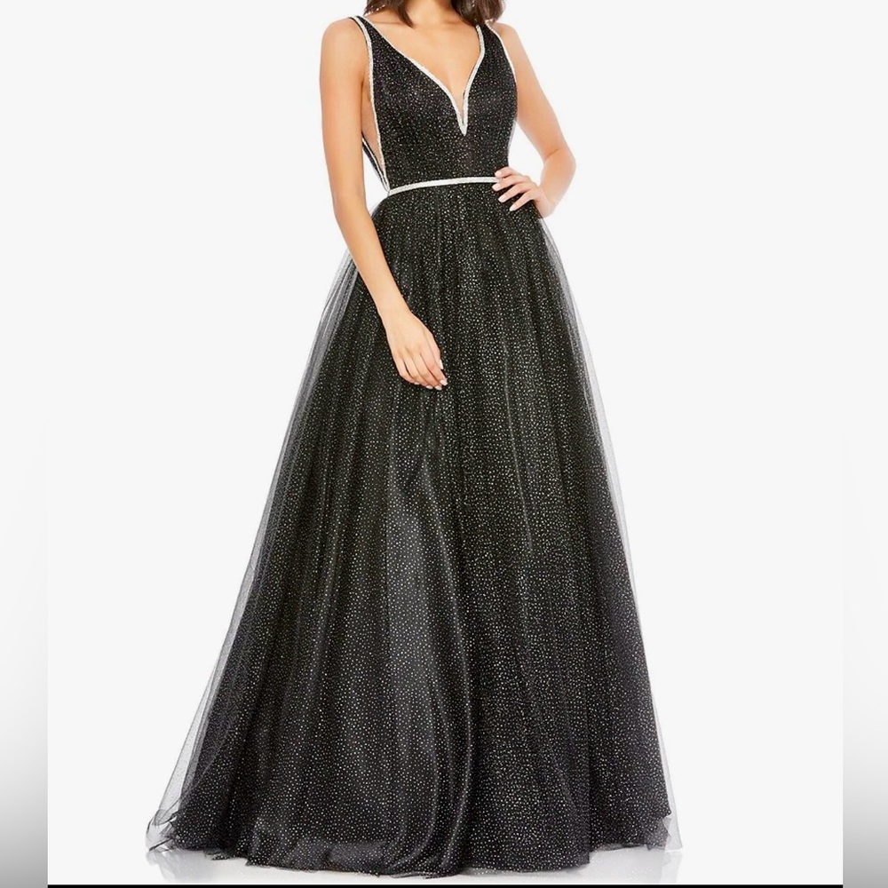NWT MAC DUGGAL BLACK  GLITTER ILLUSION BALL EVENING GOWN RHINESTONE TRIM sz10